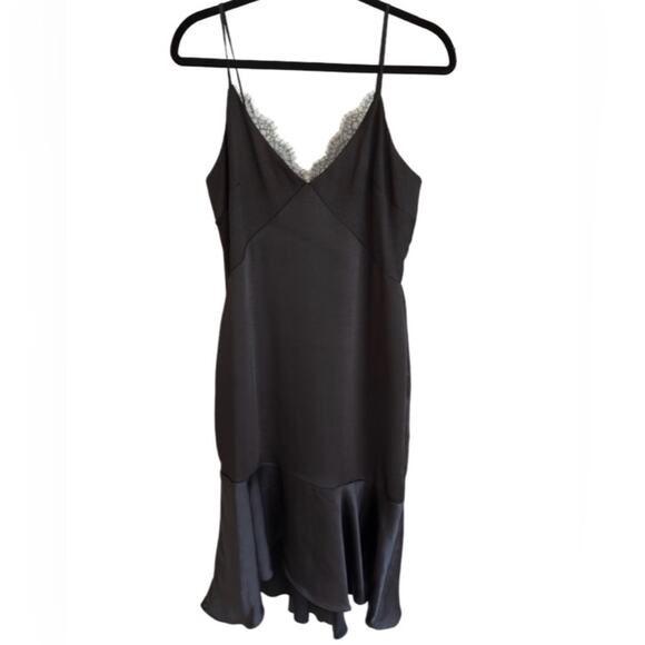 fab'rik Dresses & Skirts - Black Satin Slip Dress Lace Trim Midi High Low Spaghetti Strap Goth M